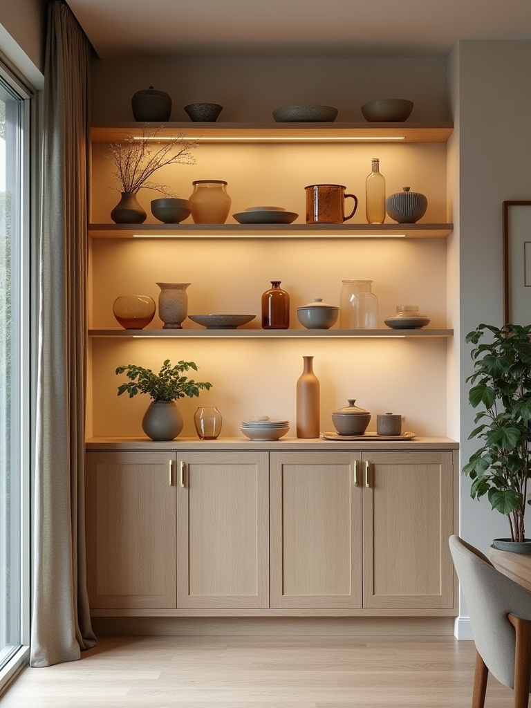 Curated open shelving display with glassware and ceramics