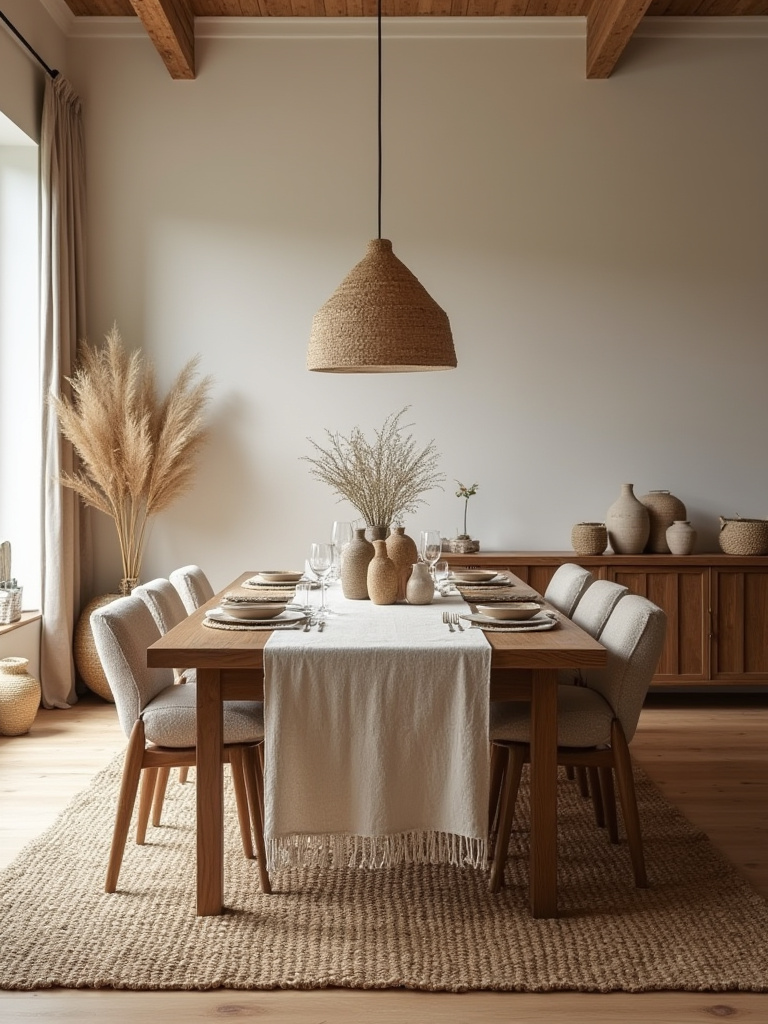Dining room showcasing layered textures with textiles and decor