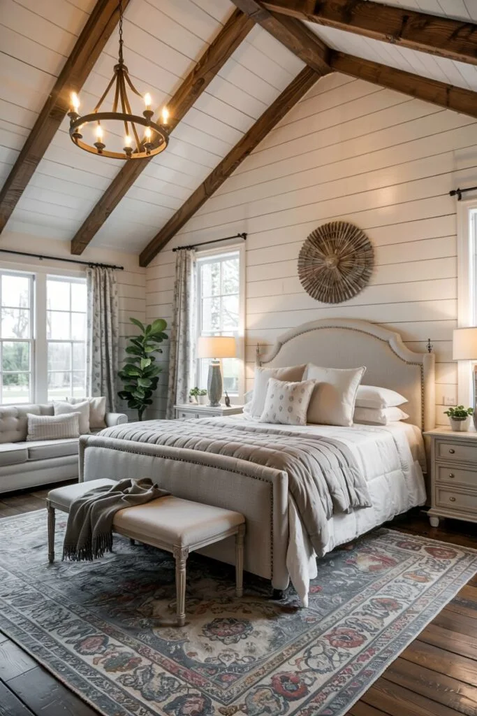 Farmhouse bedroom with vaulted ceiling, exposed dark wood beams, upholstered headboard, floral rug, and wagon wheel chandelier.