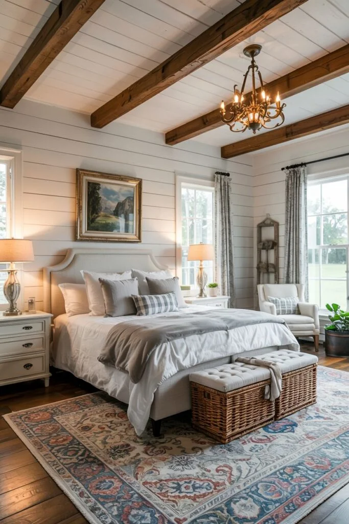 Farmhouse bedroom with vaulted ceilings, upholstered headboard, woven storage ottomans, and patterned rug.