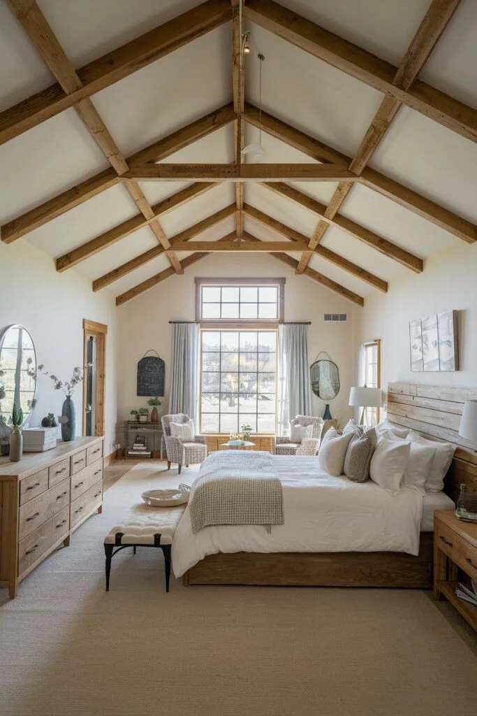 Spacious farmhouse bedroom with vaulted ceiling, large window, wooden furniture, and neutral bedding.