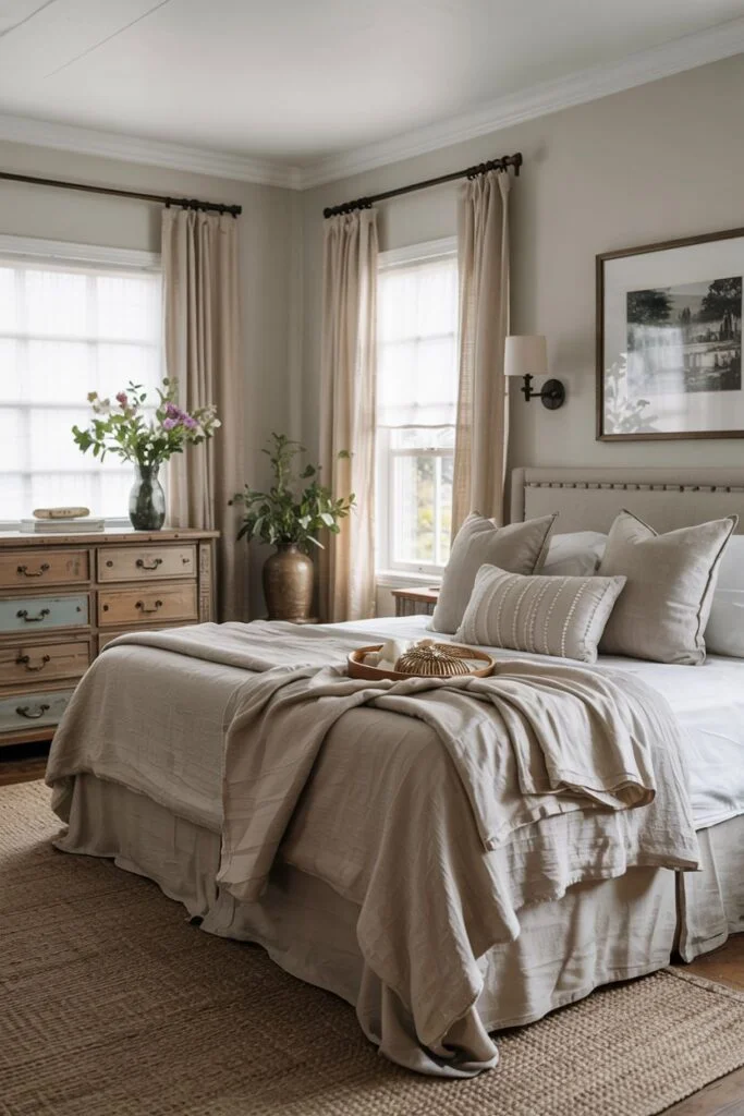 Cozy farmhouse bedroom with neutral bedding, colorful rustic dresser, and jute rug.