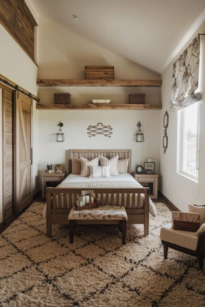 Farmhouse bedroom with rustic wooden bed, sliding barn door, and shaggy patterned rug.