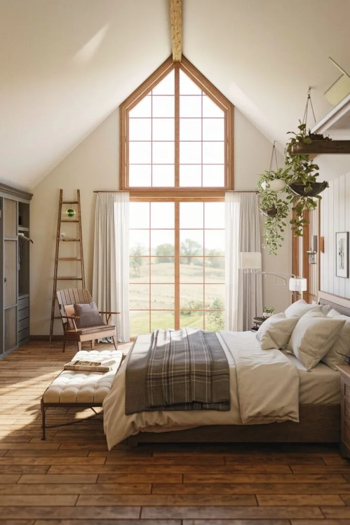 Farmhouse bedroom with large A-frame window, wooden bed, hanging plants, and patterned rug.