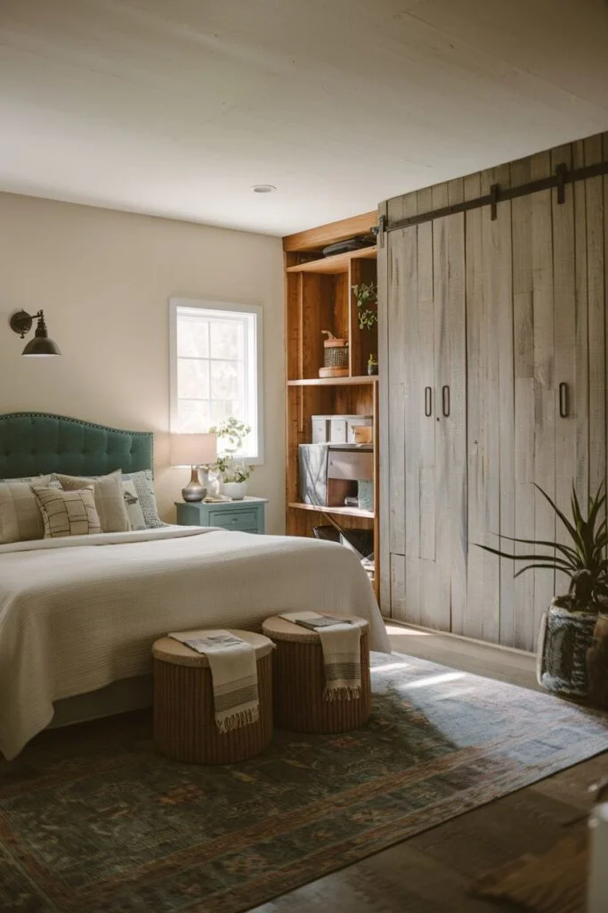 Farmhouse bedroom with blue upholstered headboard, sliding barn closet doors, and patterned rug.