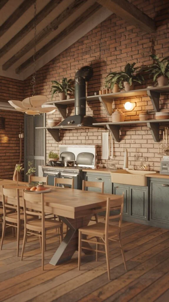 Luxury boho kitchen and dining area featuring brick walls, wood ceiling beams, a large wooden dining table, and open shelving filled with boho plants and decor. Dark green cabinets add a touch of luxury.