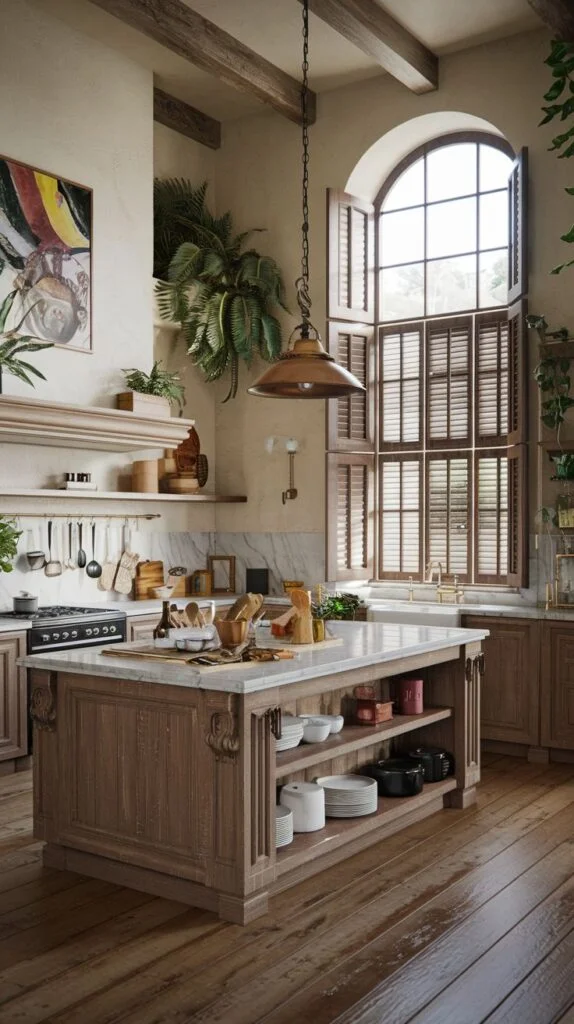 Spacious luxury boho kitchen with high ceilings, an arched window with shutters, a large decorative wooden island with a marble top, and wooden cabinets. The island displays boho style with open shelving for dishes and decor.