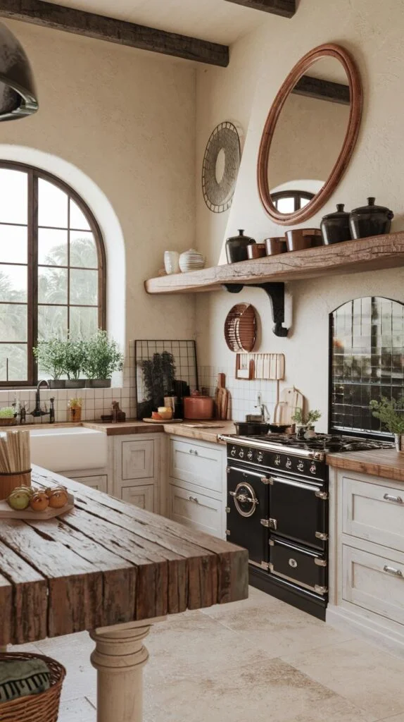 Luxury boho kitchen featuring a large range cooker, a wooden island with a marble countertop and open shelving, and stools. The decor suggests a relaxed, boho atmosphere.