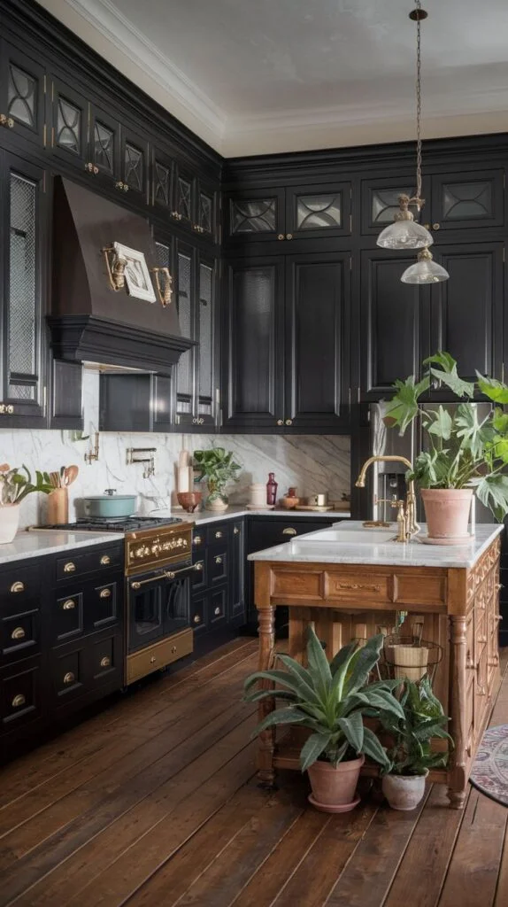 Luxury black kitchen featuring glass-front cabinets, marble countertops, and gold accents on the range and faucet. The wooden island is adorned with large plants, bringing a boho-luxury vibe to the space.
