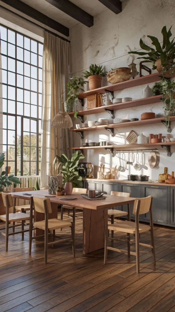 Spacious luxury boho kitchen and dining area with tall windows, exposed beams, and open shelving displaying dishes and many boho plants. The large wooden dining table anchors the space.