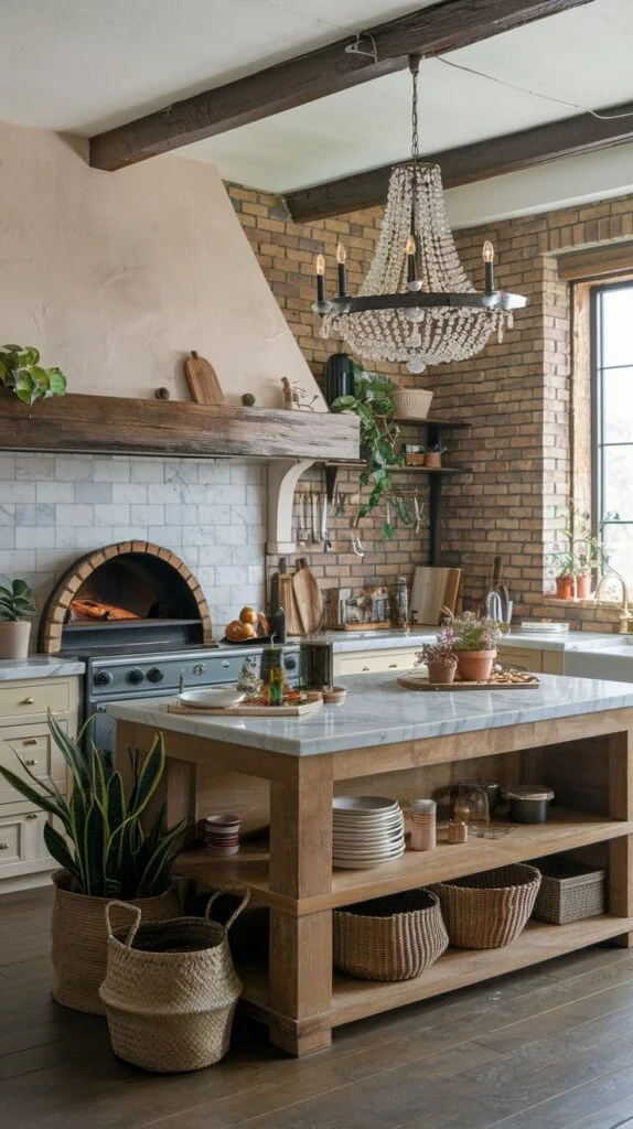 Luxury boho kitchen with a brick wall, a range featuring a pizza oven, and a marble-top island with open shelving. Boho plants in baskets add to the luxury boho aesthetic.