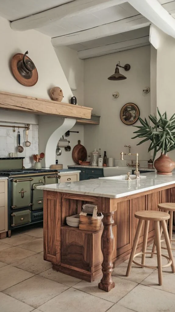 Luxury boho kitchen with white walls, exposed beams, and a range cooker. A marble-top island with open shelving and wooden stools provides a seating area in this luxury boho space.