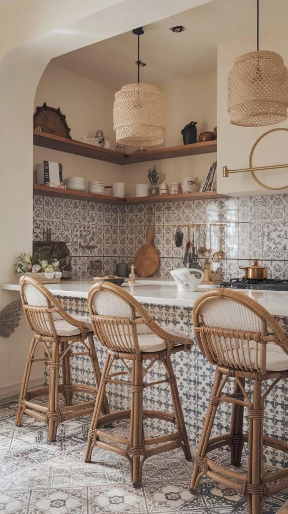 Luxury boho kitchen corner featuring a patterned tiled backsplash and marble counter. Open shelving, woven pendant lights, and rattan bar stools highlight the boho style within this luxury space.