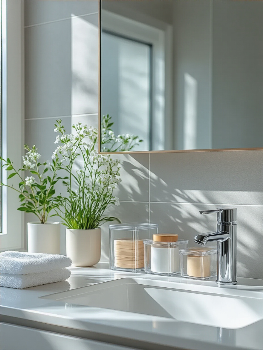 Minimalist modern bathroom countertop with strategic decluttering for visual calm, featuring clear acrylic organizers and soft natural lighting
