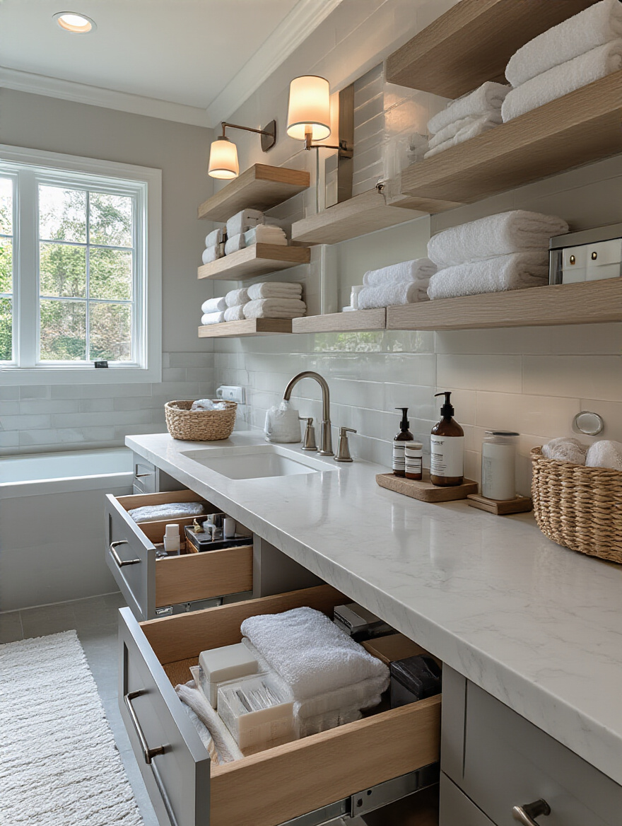 Modern bathroom vanity with pull-out drawers and floating shelves showcasing optimized storage solutions to reduce clutter
