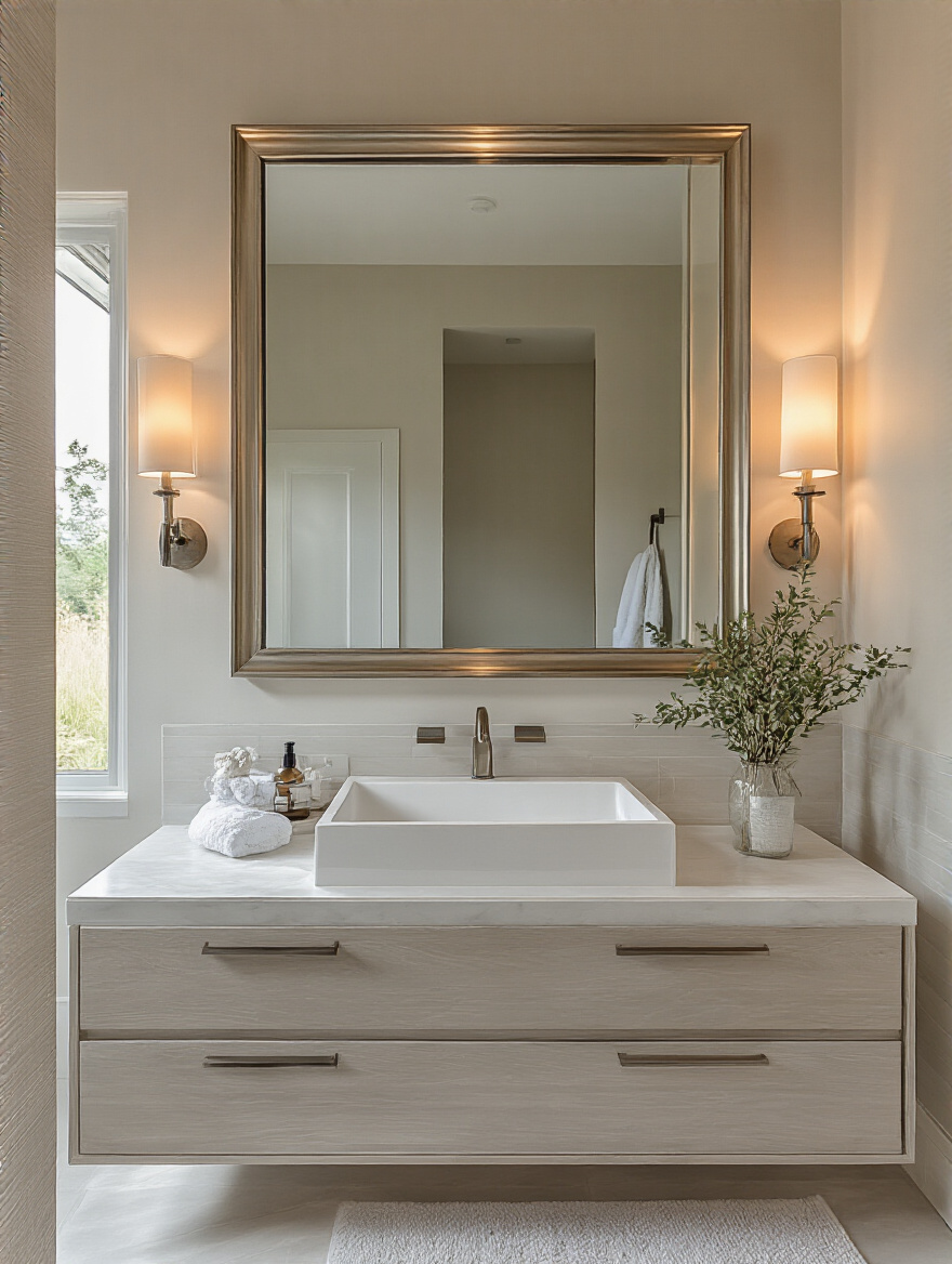 Modern bathroom with a large statement mirror above the vanity enhancing natural and artificial light