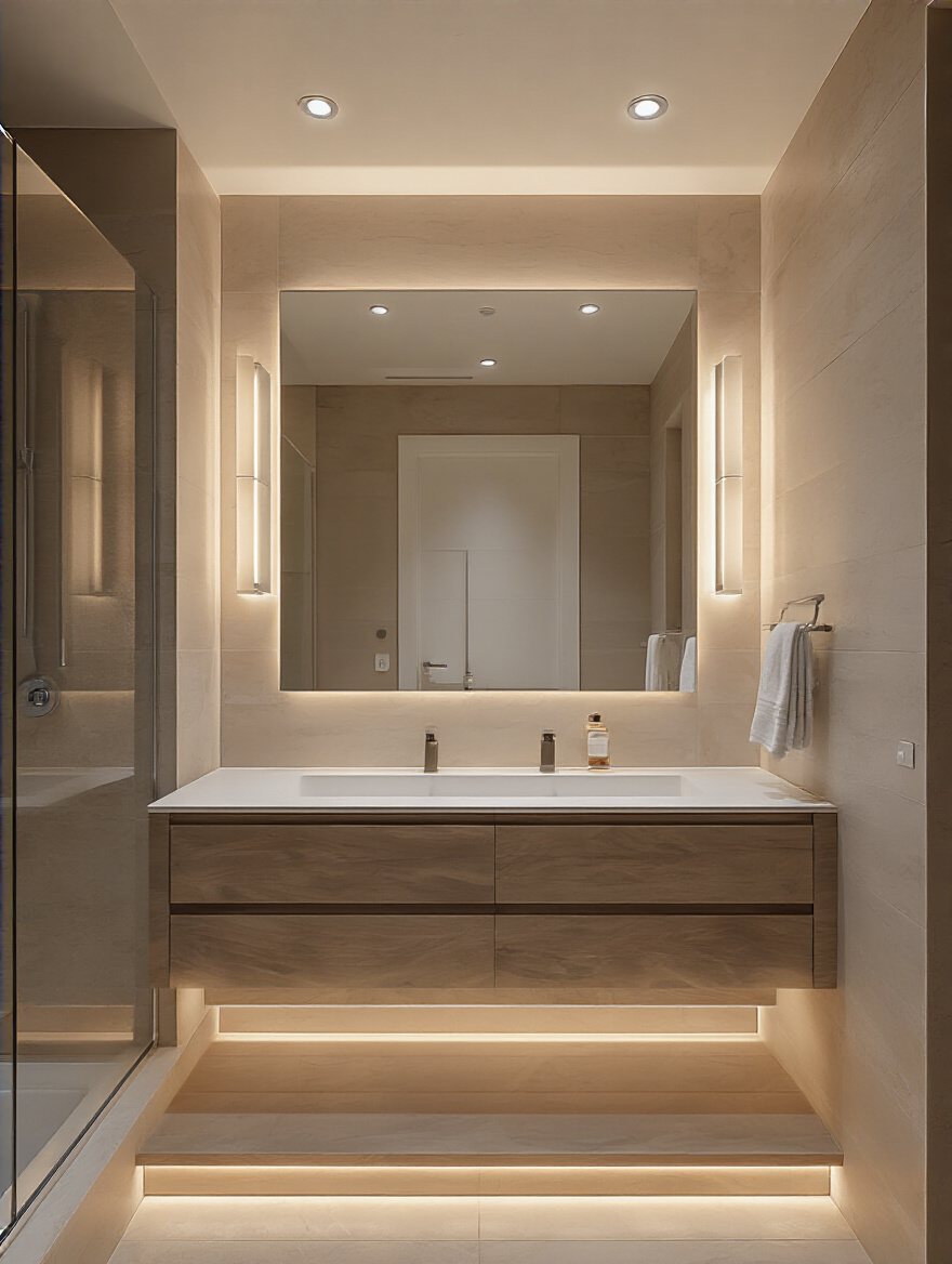 Modern bathroom with layered ambient, task, and accent lighting showcasing versatile mood and function