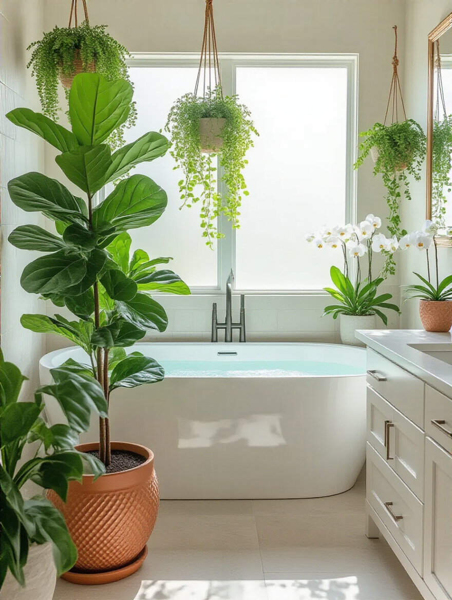 Bright modern bathroom with lush greenery including snake plants and ferns enhancing natural vibrancy