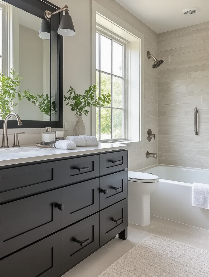 Modern bathroom vanity with upgraded matte black cabinet hardware, brushed nickel towel bars, and polished chrome faucet and showerhead