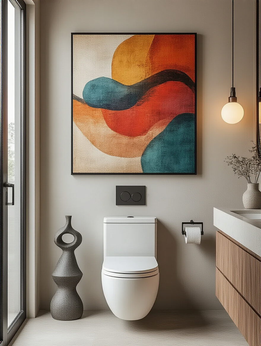 Stylish bathroom featuring unique vibrant wall art and decorative ceramic elements near the sink