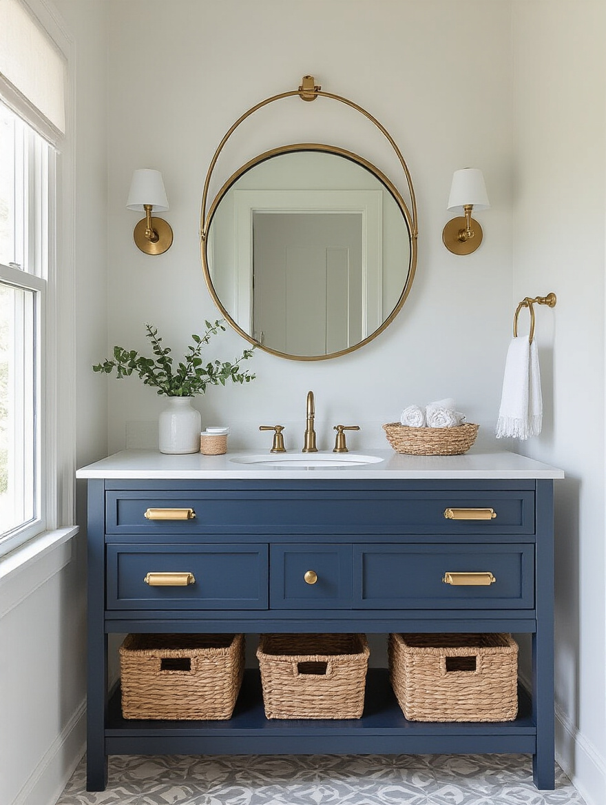Modern bathroom with a navy blue DIY painted vanity, brass hardware, circular mirror, and custom shelving showcasing budget-friendly DIY decor projects