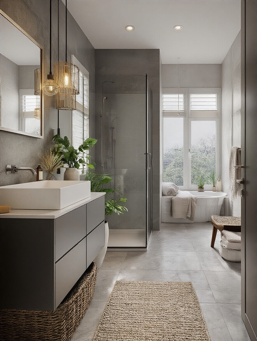 Modern bathroom featuring integrated smart technology devices including smart mirror, smart toilet, and smart shower system