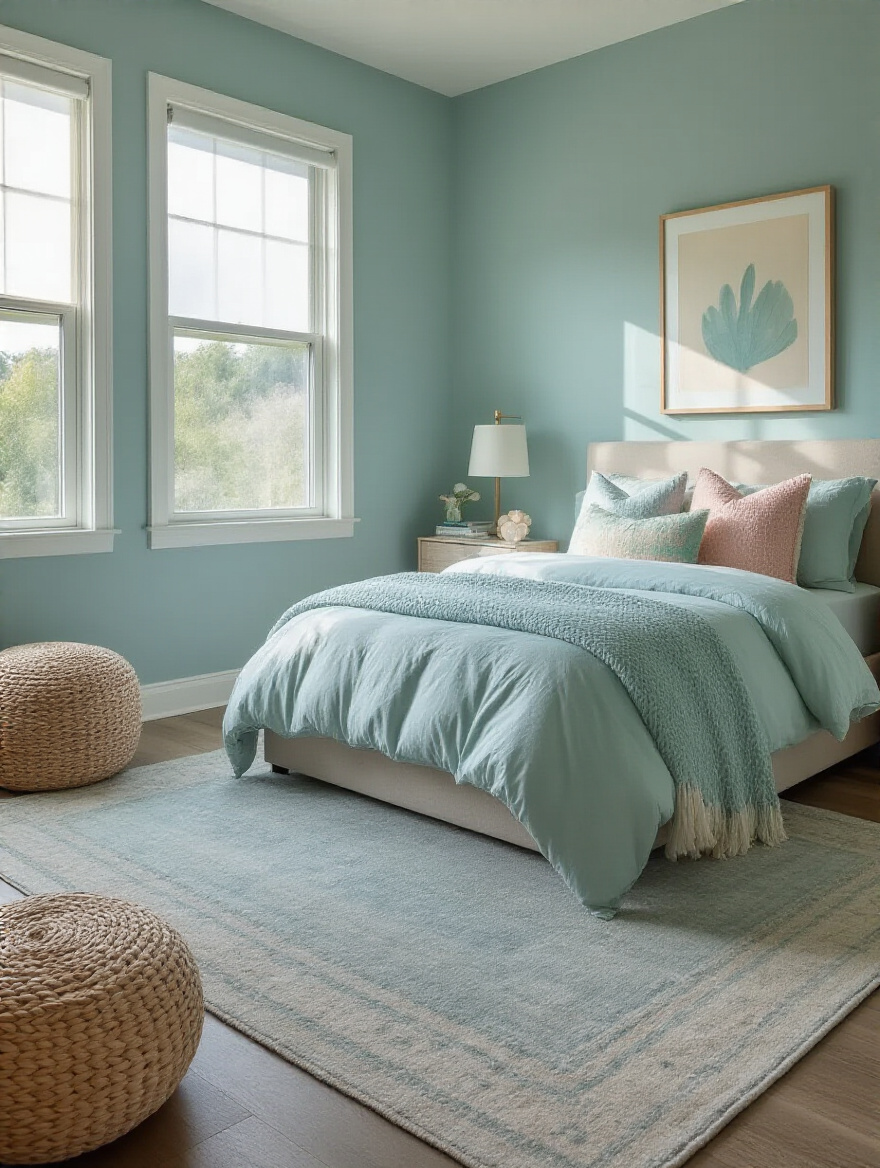 A serene teenage bedroom showcasing a calming color palette with soft blues and greens.