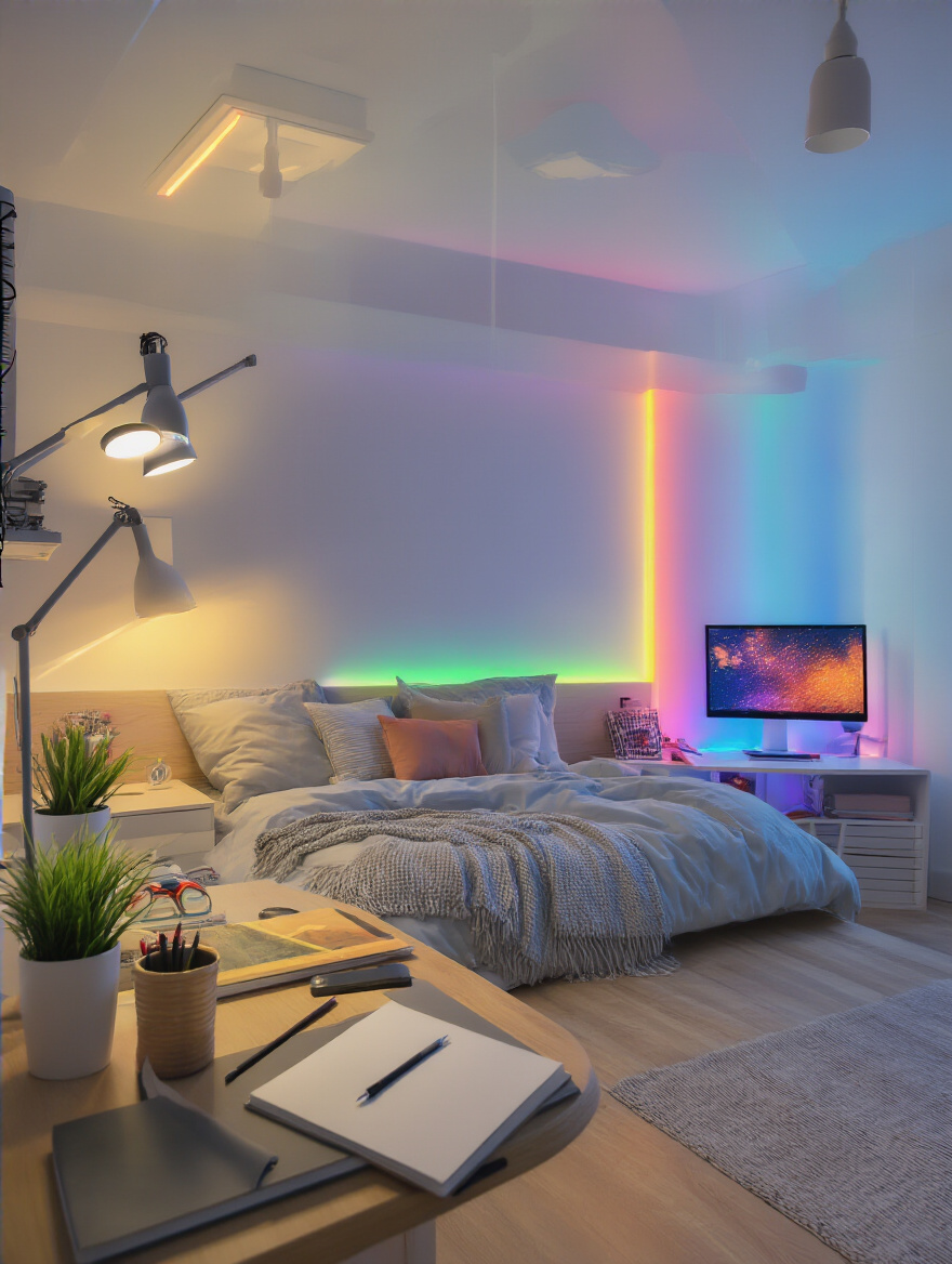 A stylish teenage bedroom with adjustable lighting for different tasks and moods.