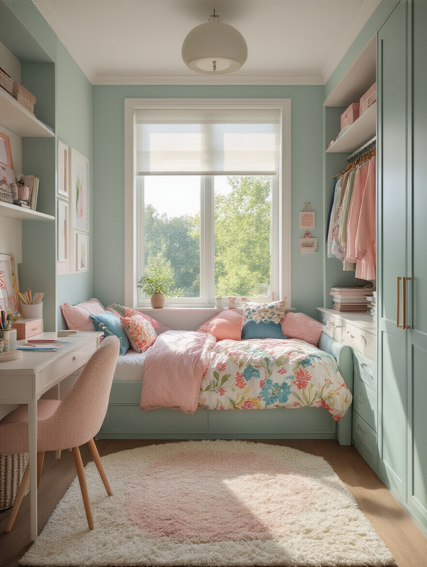 A stylish teen girl's bedroom showcasing optimal furniture layout and room dimensions assessment.