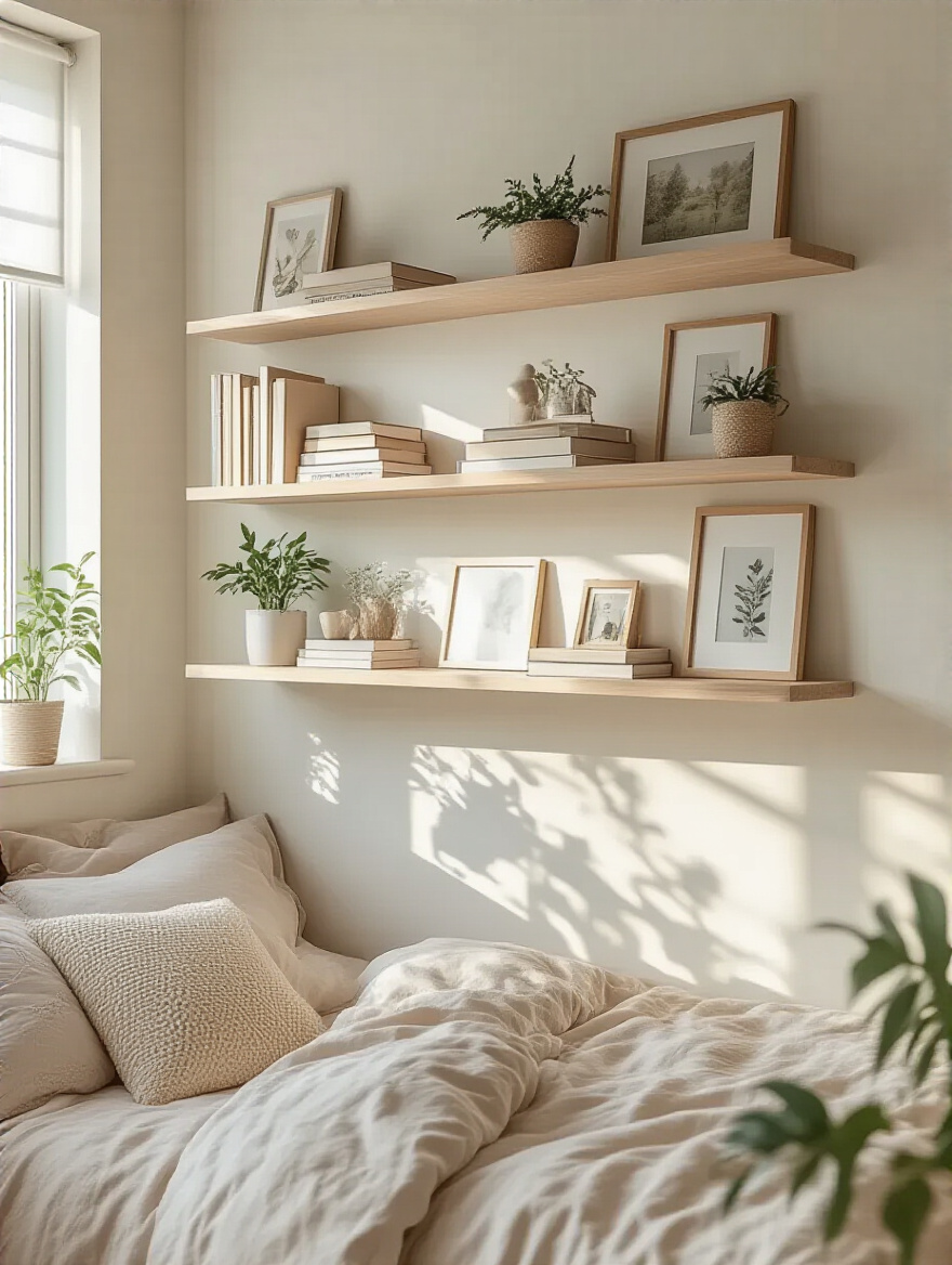 Teen girl's bedroom with floating shelves and picture ledges showcasing books and decor