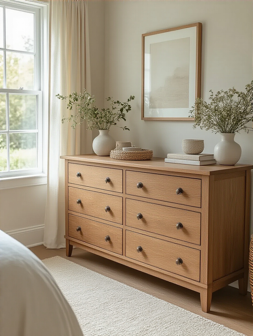 Stylish solid wood dresser in a beautifully arranged teen bedroom