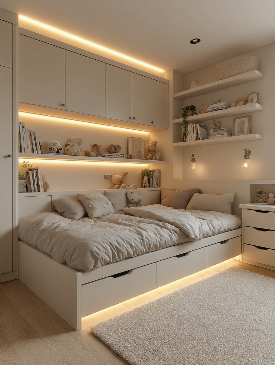 Multi-functional bed frame in a stylish teenage bedroom with storage and seating