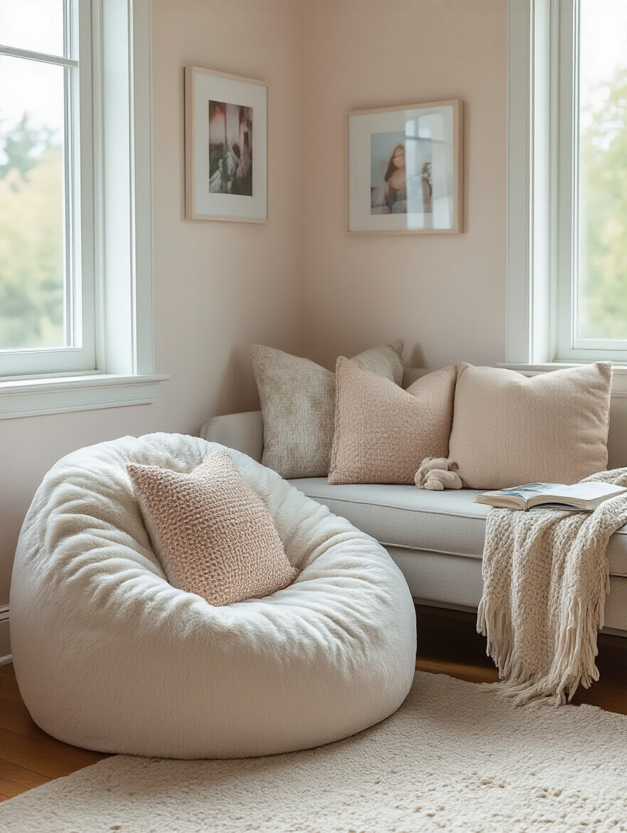 Cozy seating area in a teen bedroom with plush bean bag and accent sofa.