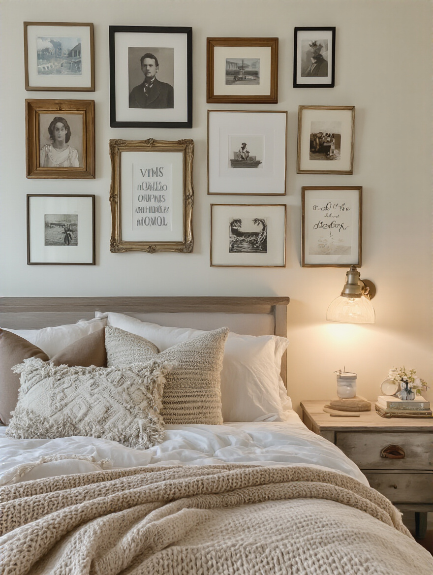 Customizable gallery wall in a cozy teen bedroom displaying personal photos and artwork.