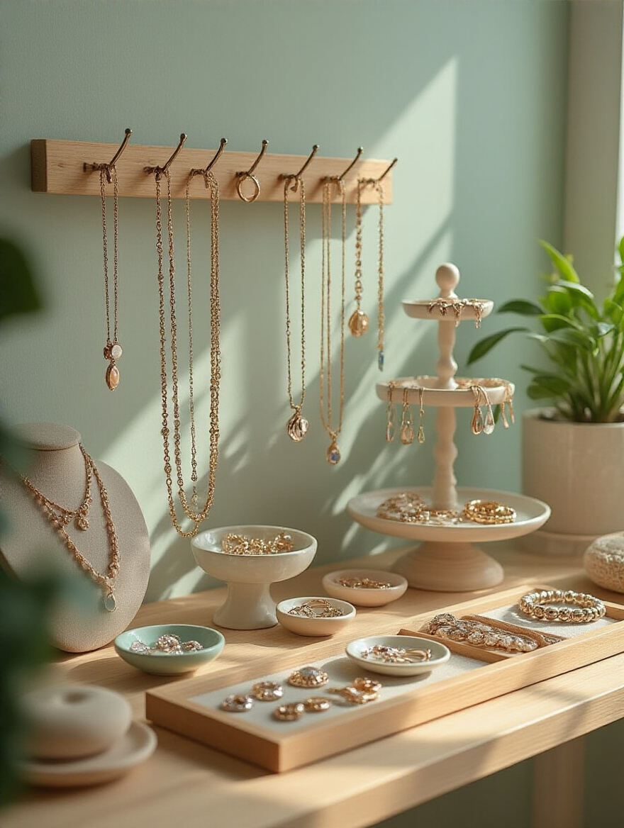 Organized DIY Jewelry and Accessory Station with necklaces, earrings, and bracelets displayed elegantly