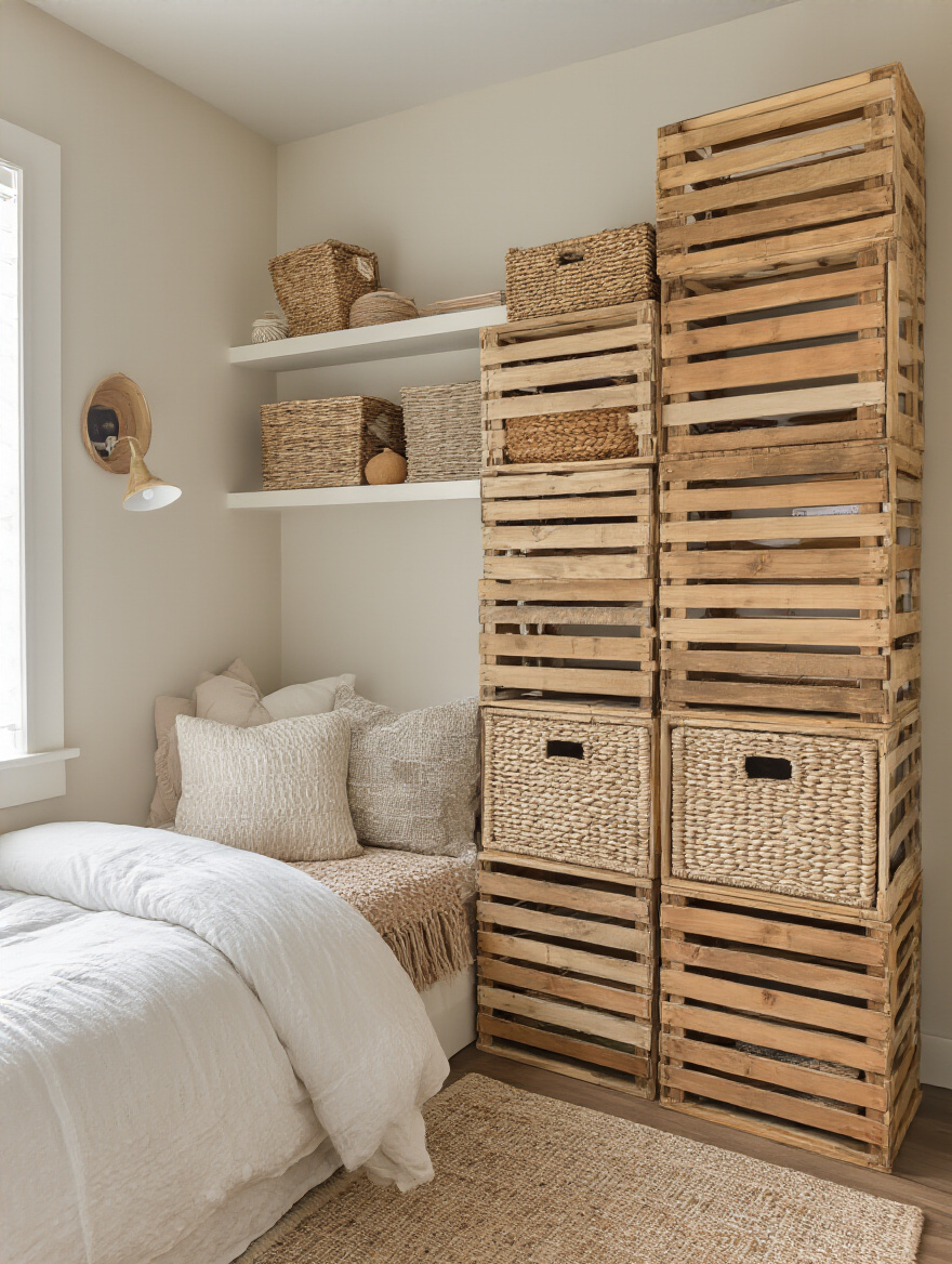 A cozy teen bedroom with repurposed crates and baskets used for storage, showcasing a stylish and organized space.