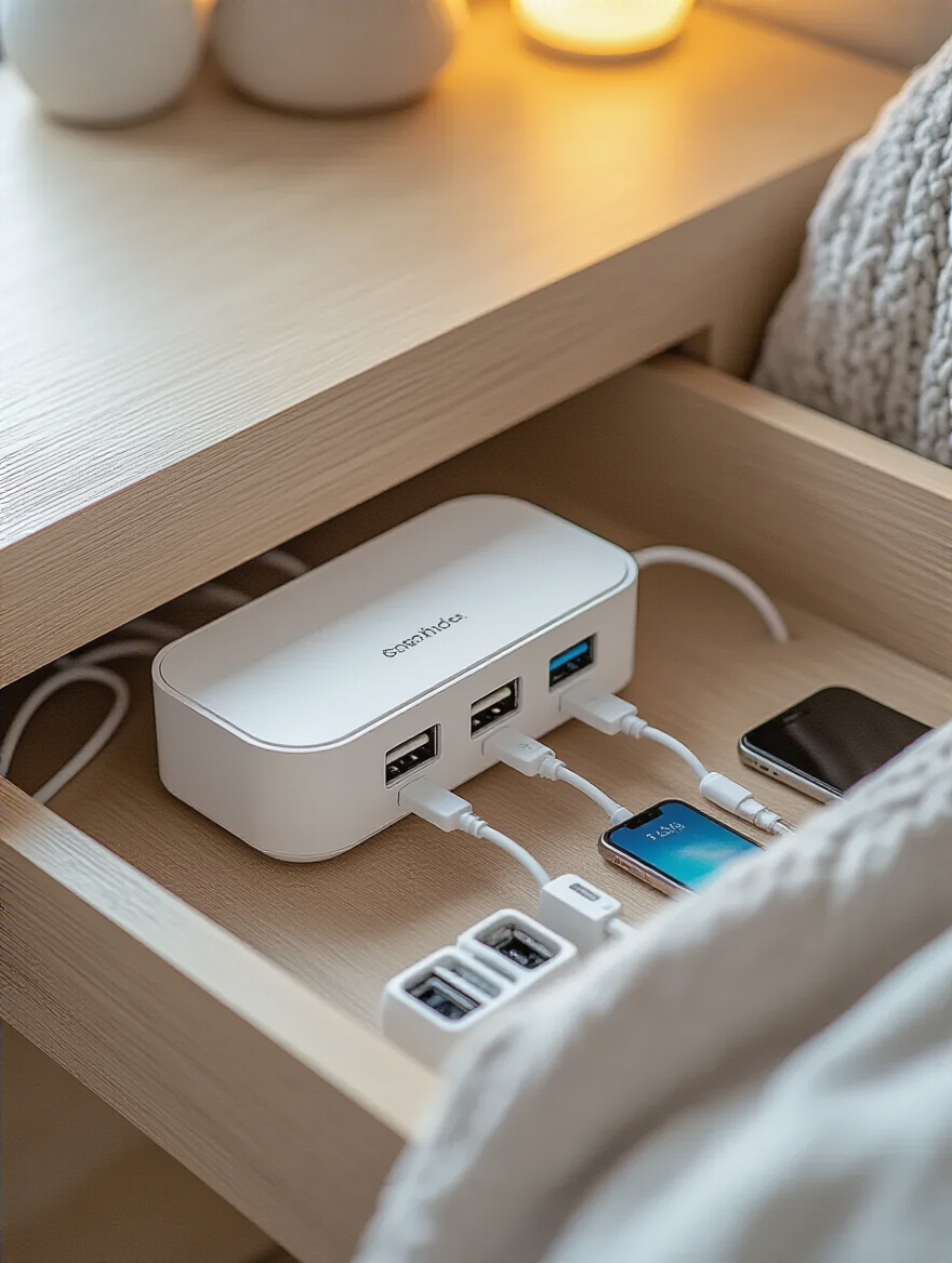 Organized tech charging hub in a teen's bedroom with labeled ports and warm lighting.