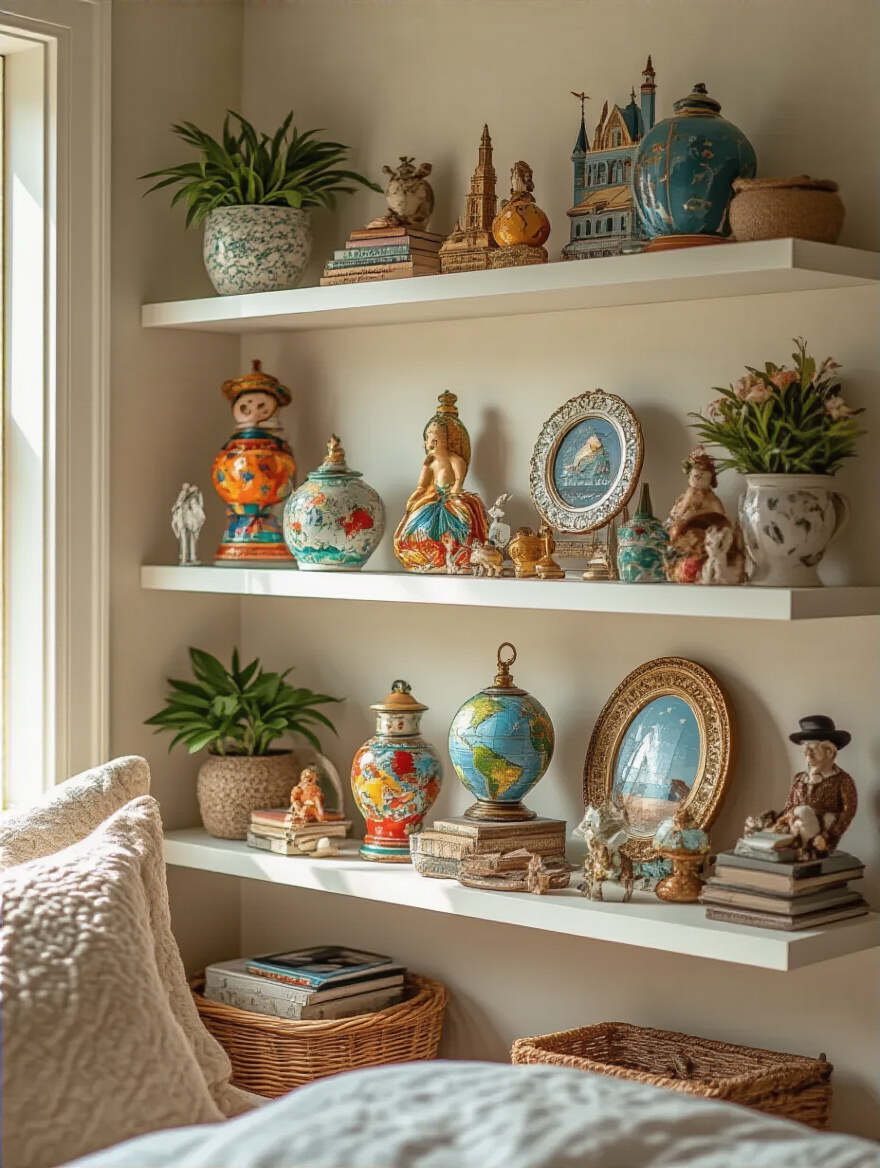 Themed collection of decorative knick-knacks and souvenirs in a cozy bedroom.