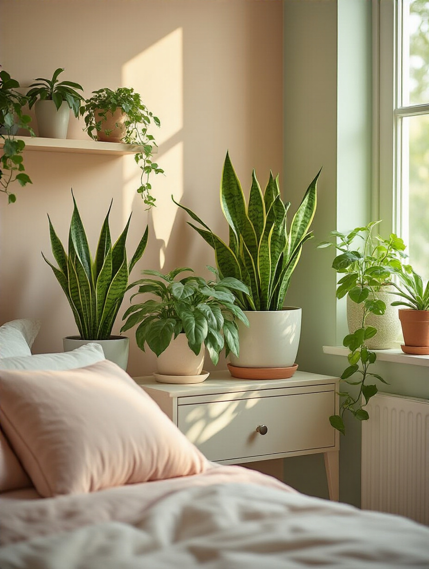 A serene bedroom scene with various potted plants adding freshness and greenery.