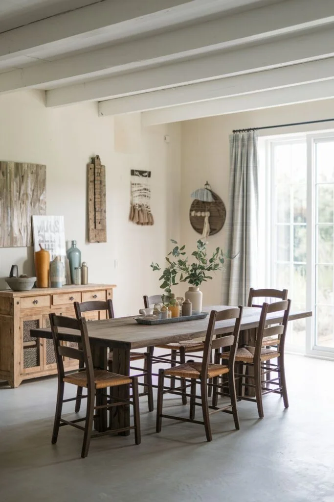 Rustic farmhouse dining room with ladder-back chairs and wooden buffet