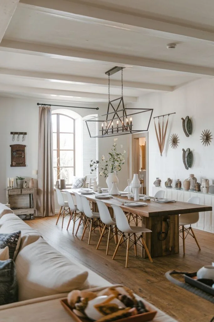 Bright farmhouse dining room with mixed seating and exposed beams