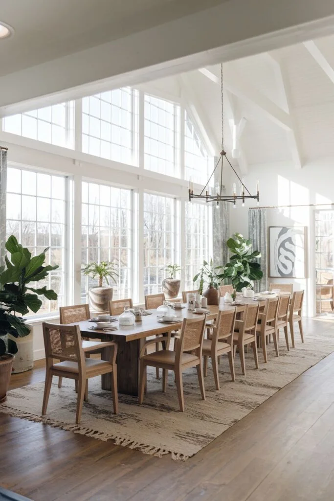 Spacious farmhouse dining room with vaulted ceiling and cane-backed chairs
