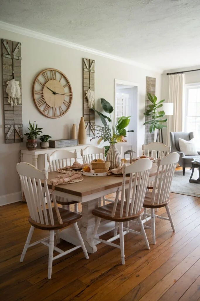Cozy white farmhouse dining room with wooden table and wall clock