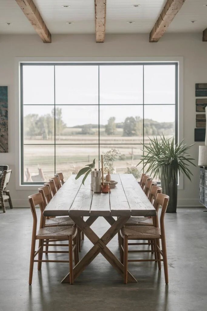 Modern farmhouse dining room with large window and exposed ceiling beams