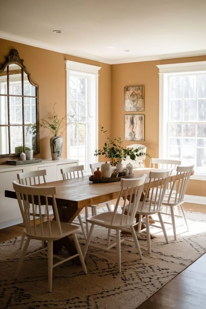 Warm-toned farmhouse dining room with large mirror and wooden table