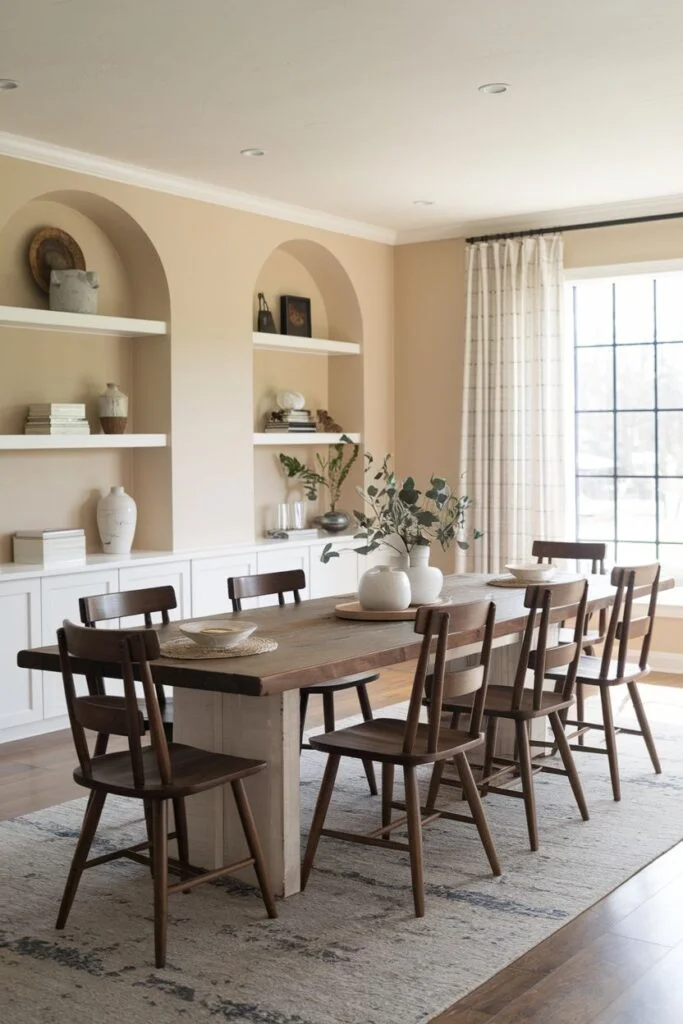 Farmhouse dining room with arched built-in shelving and wooden table