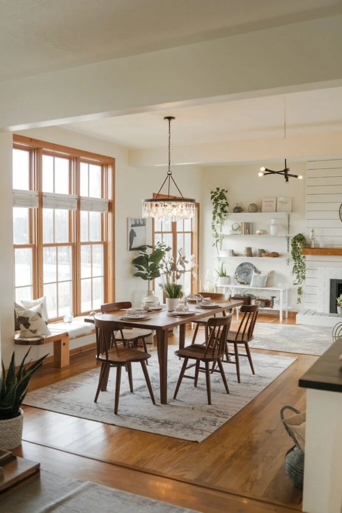 Cozy farmhouse dining nook with window seat and crystal chandelier