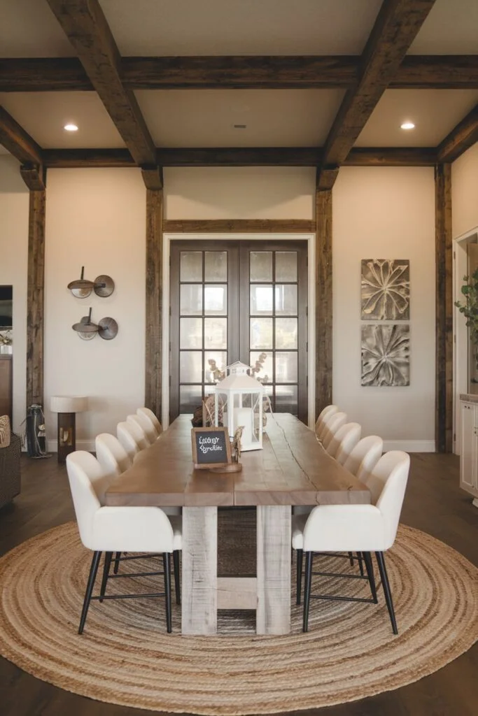 Farmhouse dining room with wooden table, exposed beams, and built-in shelving