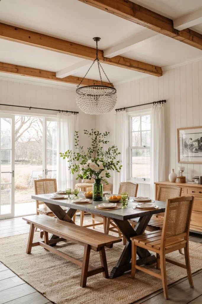 Bright farmhouse dining room with wooden trestle table and bench seating