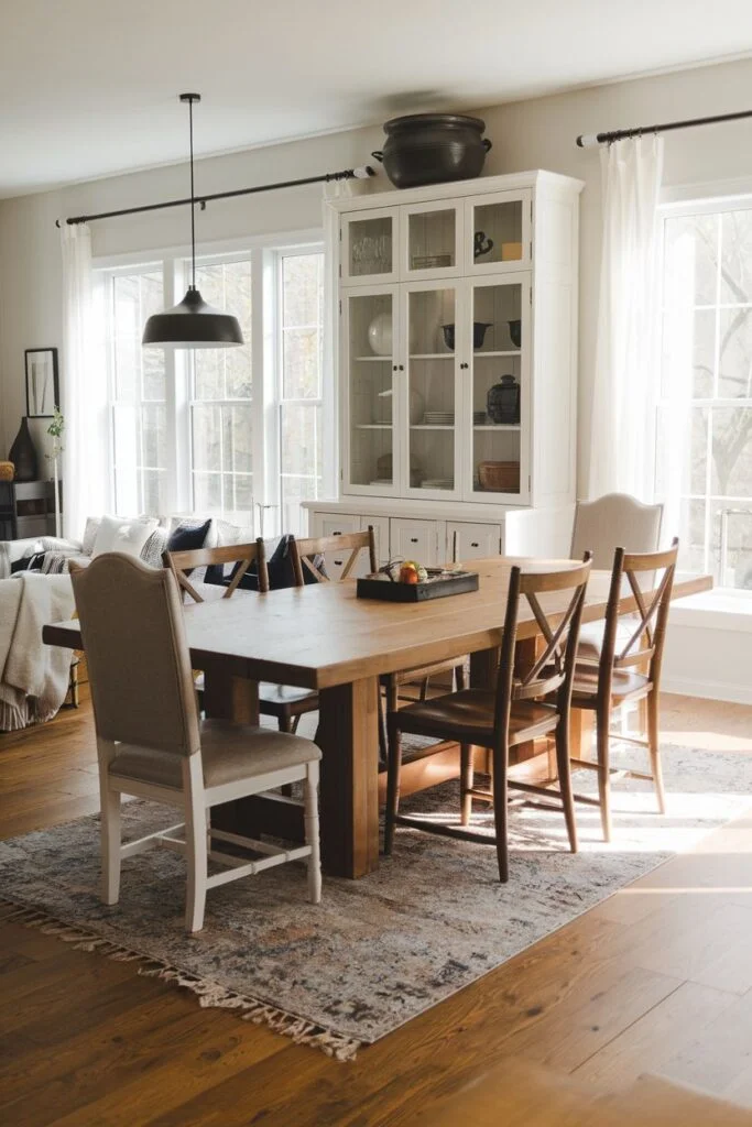 Classic farmhouse dining room with wooden table and white display cabinet